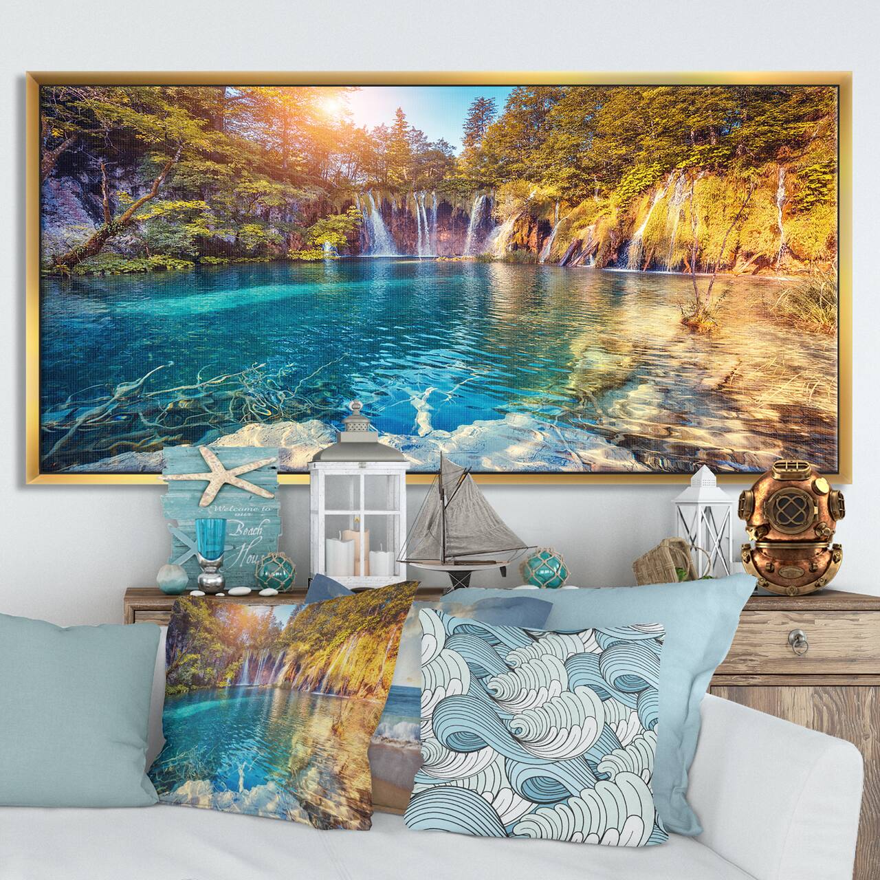 Designart - Turquoise Water and Sunny Beams - Landscape Photography Framed Canvas Print